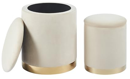 IlGruppone Set Di 2 Pouf Contenitore In Velluto Design Moderno Poggiapiedi,Sgabello Tondo con Coperchio Rimovibile e Seduta Imbottita Alta Densità Con Fascia In Metallo Capiente Storage Box- Beige