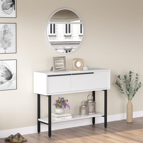 [en.casa] Konsolbord Vesanto sidobord med fack och hylla hallbord 100 x 30 x 76 cm entrébord utställningsbord förvaringsbord metallram vardagsrumsbord dekorativt bord vitt