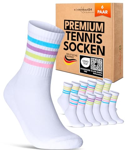 sockenkauf24 Calcetines Deportivos Mujer Tenis Performance Crew Socks 6 Pares Acolchados Transpirables Estilo Retro 70107T (Blanco Coloridos Rayas 35-38)