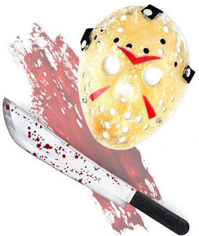 Mega_Jumble Adult Jason Voorhees Halloween Killer Hockey Mask & Bloody Machete Prop - Horror Kills Costume Hacker Fancy Dress Themed 2pc's Set