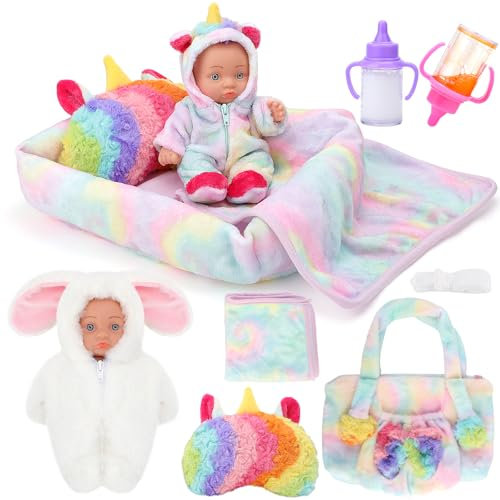 deAO Puppenzubehör für Baby Puppe, Baby Puppen Zubehörset mit 8”New Born Spielpuppe, Handtasche, 2 Overall Puppenkleidung, Stubenwagen, 2 Magische Flasche, 20cm Puppen Geschenk Mädchen 3 4 5 6 Jahre