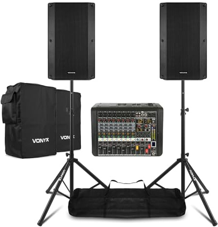 VONYX VSA12P 12-Inch Passive Band PA System with Power Dynamics PDM-S804A Powered Mixer, Speaker Stands, Covers & Cables - Complete Live Sound Package for Bands, DJs & Events