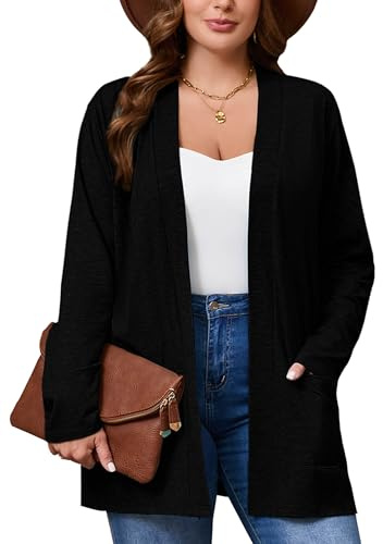 AusLook Women's Plus Size Lightweight Open Front Cardigan Black 4X Causal Long Sleeve Cover Ups Shrugs Tops Shawls and Wraps Kimono Jacket Coat