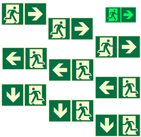 9 Pezzi Cartello Uscita di Emergenza, 30 x 15 cm in PVC con Frecce Direzionabili, PVC Adesivo Resistente per Esterno e Interno (“Sinistra” “Destra” “In basso”)