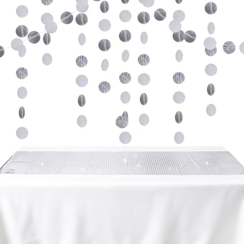 Iriserande födelsedagsdekoration, 2 stycken 60 cm girlang papper iriserande och 30 x 275 cm disco party bordslöpare skimrande cirkel banderoll för födelsedag dansfest disco party dekoration (silver)