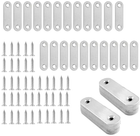 40 Équerres Plates, Équerres de Fixation pour Bois en Acier Inoxydable avec 80 Vis Auto-Taraudeuses 13mm, Finition Brossée, Trous Fraisés, Entraxe 38mm, Dimensions 55x16x1mm