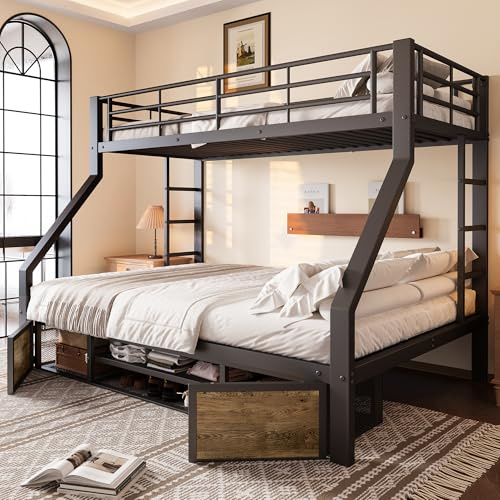 LAKFEW Litera de 90x200 & 140x200 cm con Zapatero y Caja de Almacenamiento, Cama Infantil Cama Litera Matrimonio con 2 Escaleras y Protección Anticaída, Literas Infantiles, Negro, Sin Colchón