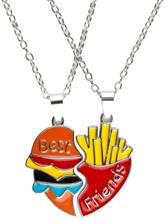 Hopzab 2PCS BFF Friendship Necklace, Cute Burger & Fries Pendant Jewelry for Best Friends, Ideal Birthday Gift for Girls & Women, Matching Necklaces for Bestie (Red Yellow)