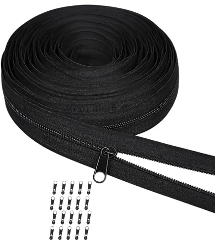 Ändlös dragkedja 5 mm svart 10 m med 20 dragkedjor, dragkedjemetervara för sängkläder, kläder, väskor, robust nylon dragkedja ändlös set, reparationsdelar för syprojekt