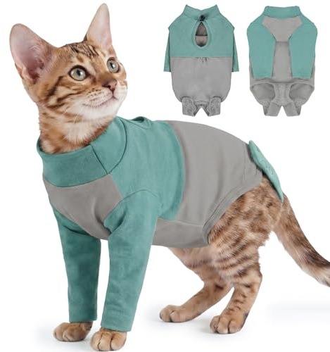 PUMYPOREITY Cat Body Suit after Surgery with Legs, Neutering Recovery Surgical Suit for Male Cats Anti Licking Sleeve for Sore Legs, Promote Healing & Keep Wound Clean and Dry(Green, S)