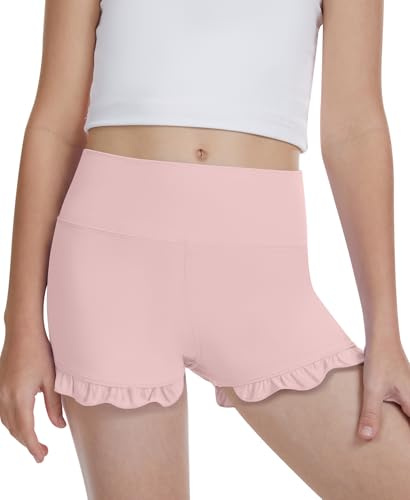 DOCUMO Girls Sport Shorts High Waisted Ruffle Cycling Short（Light Pink,XL