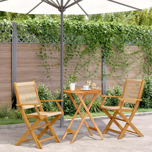 LoogCape 3-delat bistroset i beige polypropen och massivt akaciaträ för trädgård, balkong och terrass, vikbart, väderbeständigt, utrymmesbesparande, inklusive bord och stolar, perfekt för avkoppling