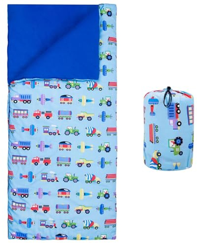 Wildkin Kids Sleeping Bag – Roll-Up Design with Storage Bag for School, Travel & Camping - Trains, Planes, and Trucks