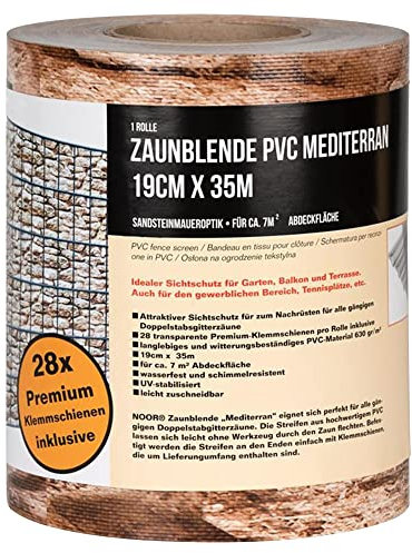 NOOR Sichtschutzstreifen PVC Blickdicht für Doppelstabmattenzaun - Zaunsichtschutz Rolle mediterran 0,19x35 m - blickdichter Wind- & Sichtschutz - Zaunblende 630 g/m² inkl. 28 Klemmschienen
