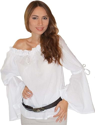 MAYLYNN 13710 - Mittelalter Bluse Elena LARP Piratenbluse Baumwolle, Einheitsgröße, weiß