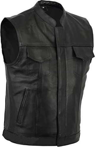 Texpeed Gilet da motociclista in vera pelle da uomo Sons of Chopper, taglio gilet, tasche con cerniera di qualità per motociclette