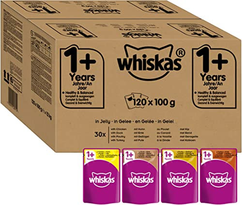 Whiskas 1+ Katzennassfutter – Geflügel Auswahl in Gelee – Hochwertiges Feuchtfutter für ausgewachsene Katzen im Portionsbeutel – Katzenfutter – Großpackung (120 x 100g)