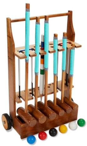 Uber Games Top Qualität Krocket Spiel aus England - 6 Personen Hartholz Croquet Set mit Trolley - Familien-Krocket-Set mit 6 Holzschlägern in Verschiedenen Größen und 6 Holzkugeln