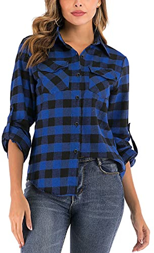 Enjoyoself 100% Cotone Donna Camicia a Quadri Flanella Blusa Casual Manica Lunga Capo Classico Shirts Tops