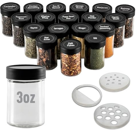 AllSpice 3” Glass Spice Jars 3 fluid ounces- 18 pack