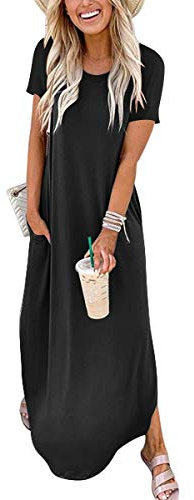 ANRABESS Womens Summer Maxi Dress Short Sleeve Casual Loose Long T Shirt Dresses Split Vacation Beach Sundress Travel Outfits Black Medium