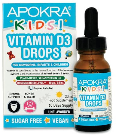 Gocce di Vitamina D Vegane per Bambini 60 Giorni - 30mL, 400UI in Olio MCT | APOKRA