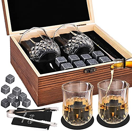 GOLDGE Juego de Regalo de Vaso de Whisky, Whisky Piedras Set con 2 Vasos para Whisky, Juego de Pinzas, Posavasos, Piedras y Vasos para Whisky