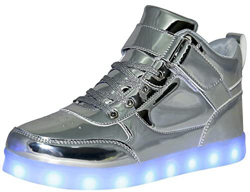 Unisex Leuchtende Schuhe LED Turnschuhe USB Aufladen Paar Schuhe High Top für Damen Herren Blinkende Turnschuhe, silber, 45 EU