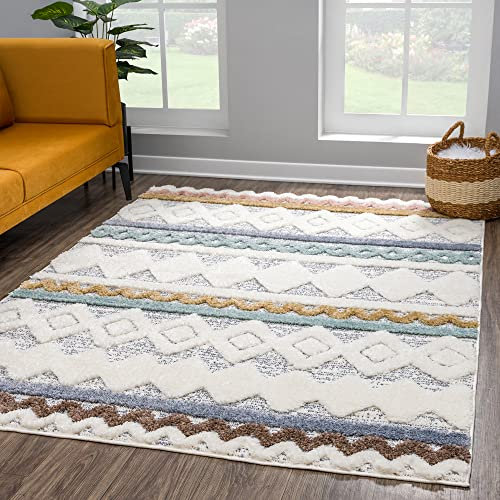payé Teppich Wohnzimmer - 80x150cm - Hochflor Flauschig Weich - Pastellfarben Multi - Boho Design - Skandinavisch Raute Ornamente Muster - Schlafzimmer