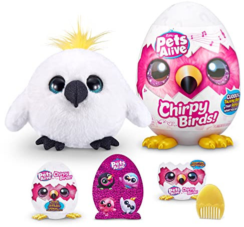 Pets Alive Chirpy Birds, Meemi the White Cockatoo, Surprise Interactive Toy Pets with Electronic Speak and Repeat, Sings 2 Unique Songs, 5 Layers of Surprises, 23 cm, Ages 3+, (White Cockatoo)