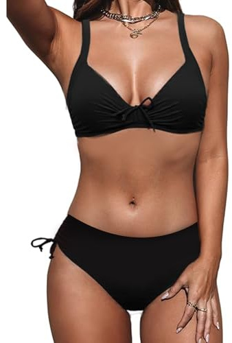 JFAN Costume da Bagno Donna Due Pezzi Costumi Mare Donna Sexy con Coulisse Bikini Push Up(Nero,S)