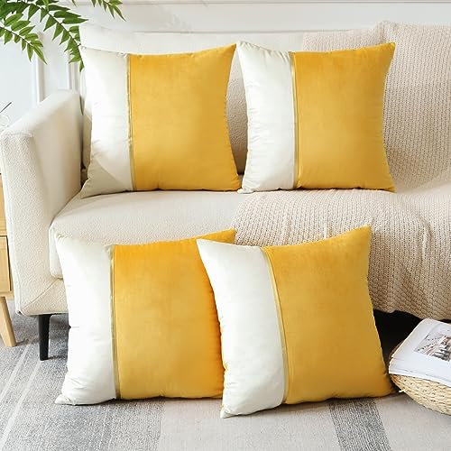 Sungeek 4er Set Kissenbezüge 45x45 cm, Weich Patchwork Samt Kissenbezug mit Gold Leder Dekorativ Zierkissenbezüge Couchkissen Deko Bezug Kissenhülle für Sofa Schlafzimmer Wohnzimmer (Orangegelb)