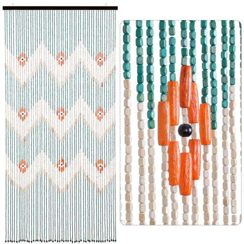 BECHAEO Beaded Curtain for Doorway Handmade Bamboo Wooden Door Beads Hanging Room Divider Hippie Curtain for Hallway Window Boho Rustic Home Store Decor, 35.5 x 75 Inches Green