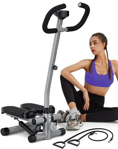 Amicus Mini Stepper with Handlebar for Exercise, Stair Stepper with Resistance Band, Hydraulic Fitness Stepper Machine for Home, 330lbs Weight Capacity, Gray