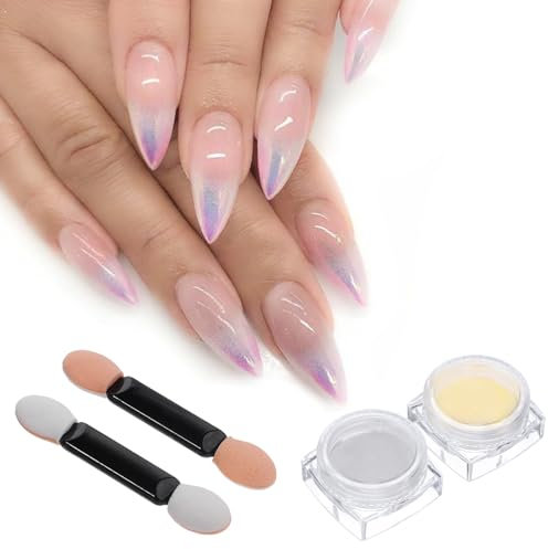 2 Schachteln Nagel Chrome Pulver, Weiße Perle Chrom Nagelpuder, Aurora Schimmer Chrom Pigment Pulver für Nägel Aurora Ice Shimmer Chrome Pigment Pulver für Maniküre Nägel DIY-Salon (White, Gold)