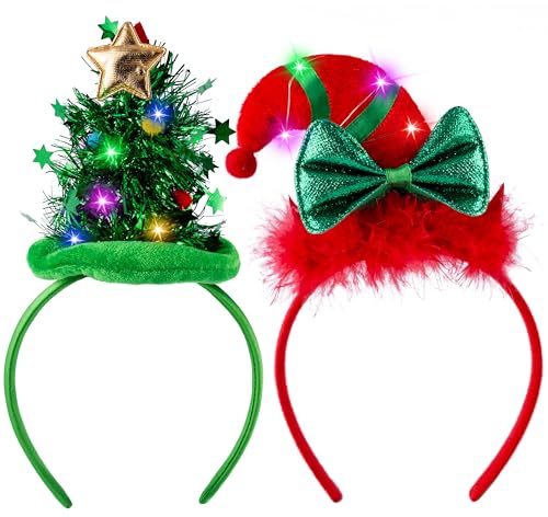 JOYIN 2 PCS Christmas LED Headband, Tree and Elf Hat Designs Headband with LED Lights for Christmas Party Decoration
