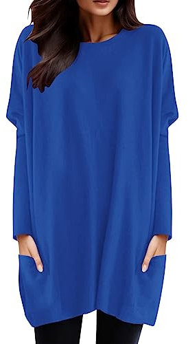 Tunique Long Femme Grande Taille, Tee Shirt Manche Longue Col Rond-Haut avec Poche DéContractéS Couleur Unie Tops Chic Et éLéGant pour Femmes Classique Basique Chemise Ample Mode Blouse