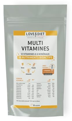 Multivitamines et Minéraux - 18 Nutriments Bioactifs - Vitamines A,B,C,D,E Magnésium, Zinc, Cuivre, Sélénium - Immunité Vitalité - Cure de 1 Mois - 30 comprimés - Made in France - Love&Diet