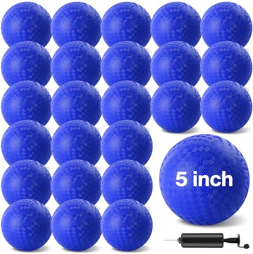HSLCGF 24 Pcs Dodgeballs 5 Inch Playground Ball Blue Kickball Inflatable Rubber Handball Bouncy Dodge Ball with 1 Hand Pump for Outdoors Ball Games Gym Camps Picnic (Blue)