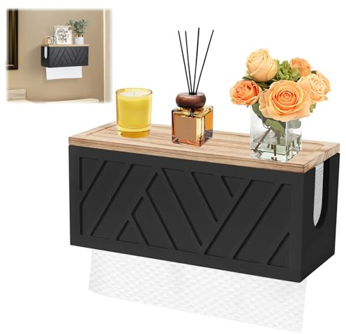 Wooden Paper Towel Dispenser, Towel Dispenser Wall Paper Towel Holder, Hand Towel Dispenser Wall Mounted with Lid, for Multifold, C-fold, Z-fold, Tri-Fold Towels (Black)