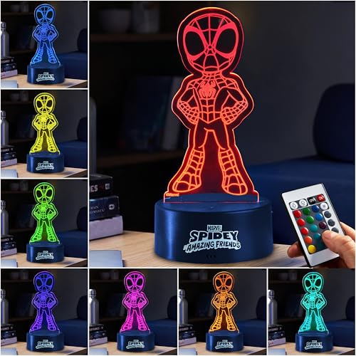 Get Trend Disney Spiderman LED Lampara Noche, Alimentado por USB y Batería Lamparas de Mesa y Cabecera con 16 Colores, 4 Modos con Brillo Ajustable (Multi Spidey)