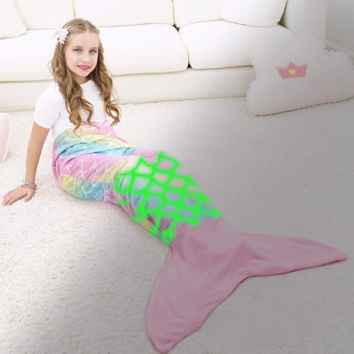 WERNNSAI Mermaid Tail Blanket Glow in the Dark Blanket for Birthday Gift | 140 X 60cm,Soft Flannel Scale, all seasons, Christmas, Luminous,camping, reading, Machine washable, durable