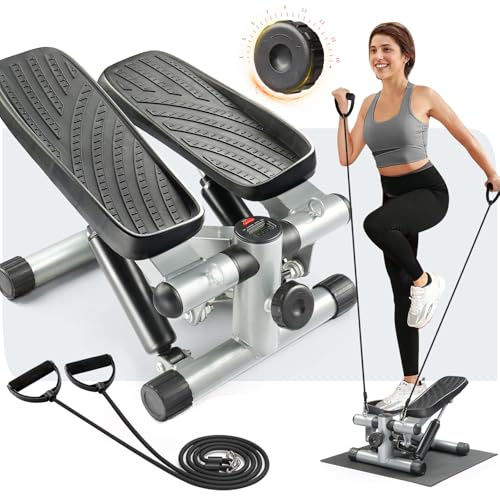 LEADZM Mini Stepper avec Coussinet Silencieux, Stepper de Fitness 2 en 1 avec Bandes de Résistance, Écran LCD, Compteur de Calories, pour L'entraînement des Jambes et des Bras Fessiers, Noir et Argent