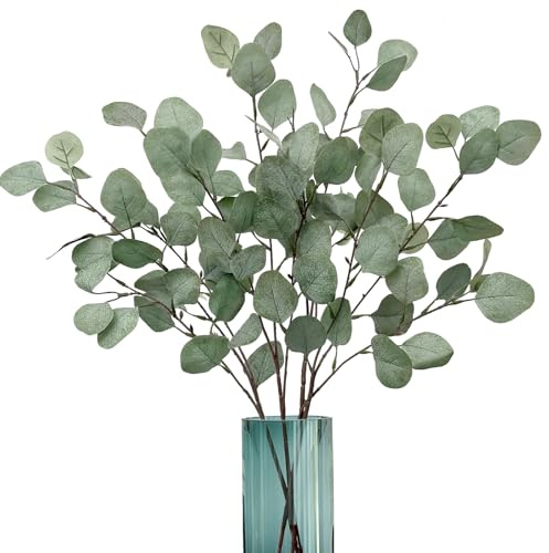 ROLLWAY Lot de 4 branches artificielles en eucalyptus de 67 cm, branches décoratives en eucalyptus en tissu vert pour mariage, décoration de la maison, vase, décoration de table, fête, baptême