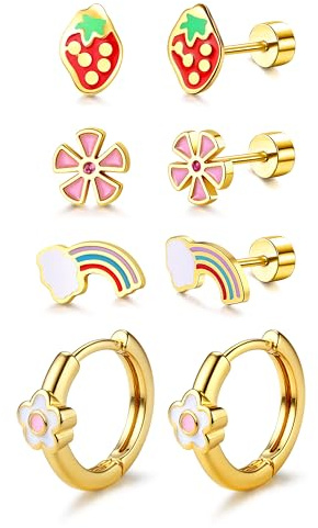 Roheafer 14K guldpläterade allergivänliga örhängen för flickor kvinnor 316L kirurgiska rostfritt stål platt baksida örhängen sött hjärta blomma liten tusensköna huggie ring örhängen set för känsliga