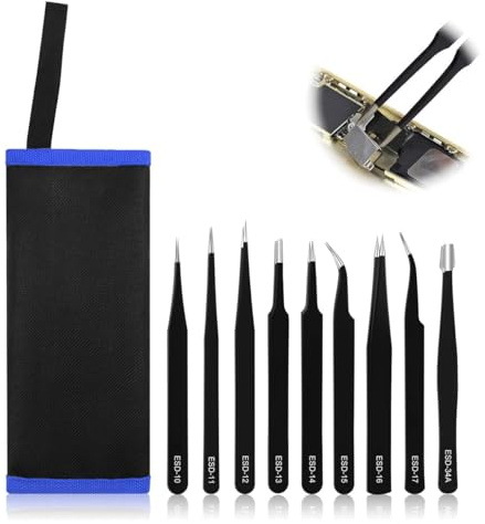 Jetstream Juego de Pinzas Antiestáticas ESD de 9 Piezas, 9 Piezas Pinzas de Precisión ESD, Pinzas Precision, compatible con la Reparación de Electrodomésticos y Trabajos de Precisión