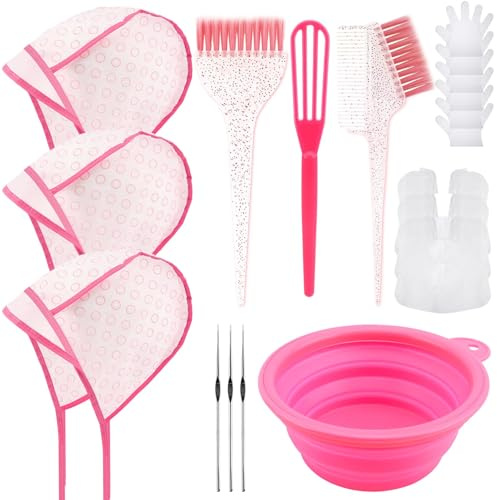 Cuffia per meches 19 pezzi – cuffia meches con fori preforati, uncinetto, pennello, pettine dye comb e ciotola, kit strumenti per colorare capelli e colpi di sole fai da te, balayage e tinta capelli