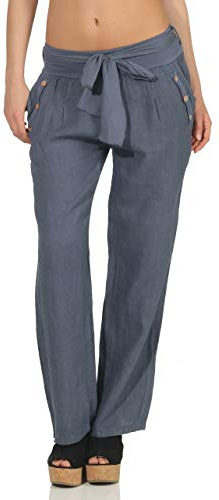 Malito Donna Pantaloni Lino Pantaloni Libero Chino Plain Colors 8174 (Color di Jeans, L)
