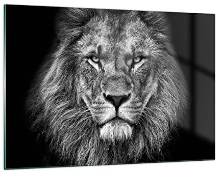 Quadri Moderni Soggiorno Ritratto Leone Bianco E Nero Quadro su Vetro 120x80cm Stampe da Parete in Vetro Camera da Letto Cucina 1 pezzo Wall Art Grandi XXL Decorazione Murale Immagini GAA120x80-4494