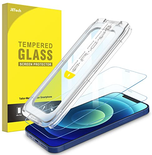 JETech En Beröring Installera Skärmskydd för iPhone 12/12 Pro, 2-Pack | Full Täckning Härdat Glas Film, HD-Klar, Automatisk Justering Verktygssats
